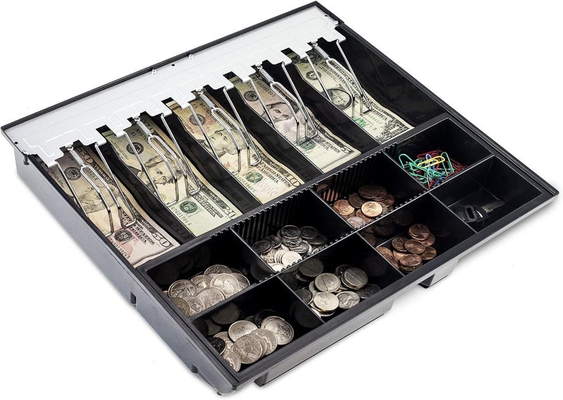 Volcora Cash Drawer Tray - 14.1 x 13 x 2.5 Inch Cash Register Insert - 5 Bill / 8 Coin Replacement Cash Tray - Stainless Steel Currency Compartment - 16" Cash Registers with Fully Removable Tray - Image 1
